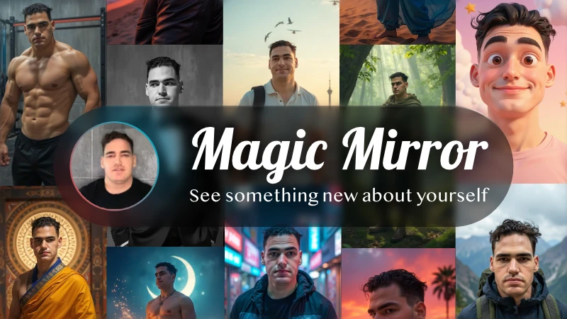 An individual gazing into a shimmering, futuristic mirror, which reflects a radiant, confident version of their face, symbolizing self-improvement through AI visualization.