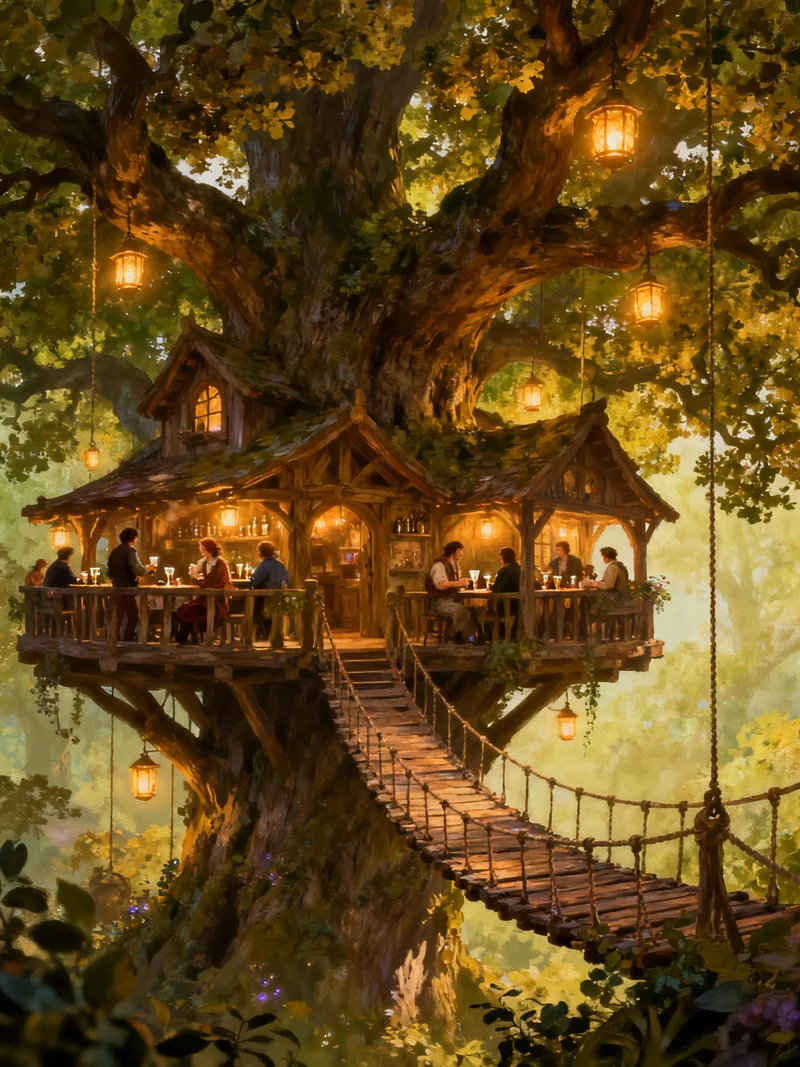 A wooden inn in a giant oak tree, with a rope bridge, balconies, and warm lanterns